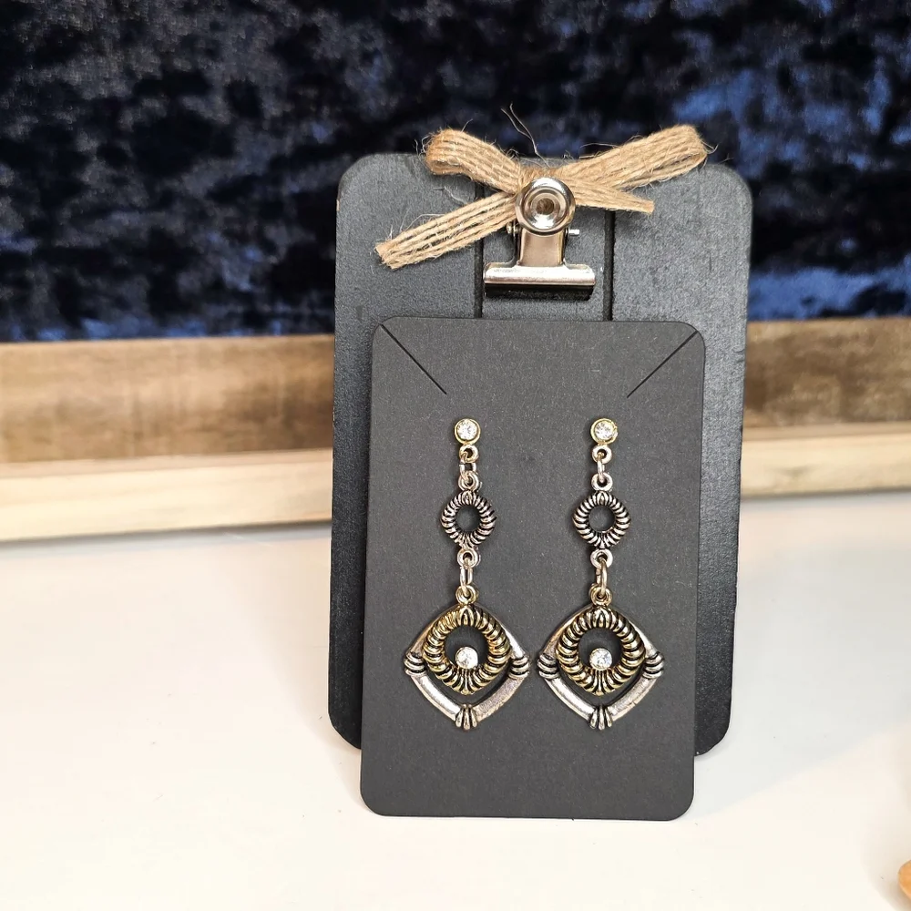 Artisan Style Two Tone Gold & Silver Metal Dangle Earrings with CZ Faux Diamonds